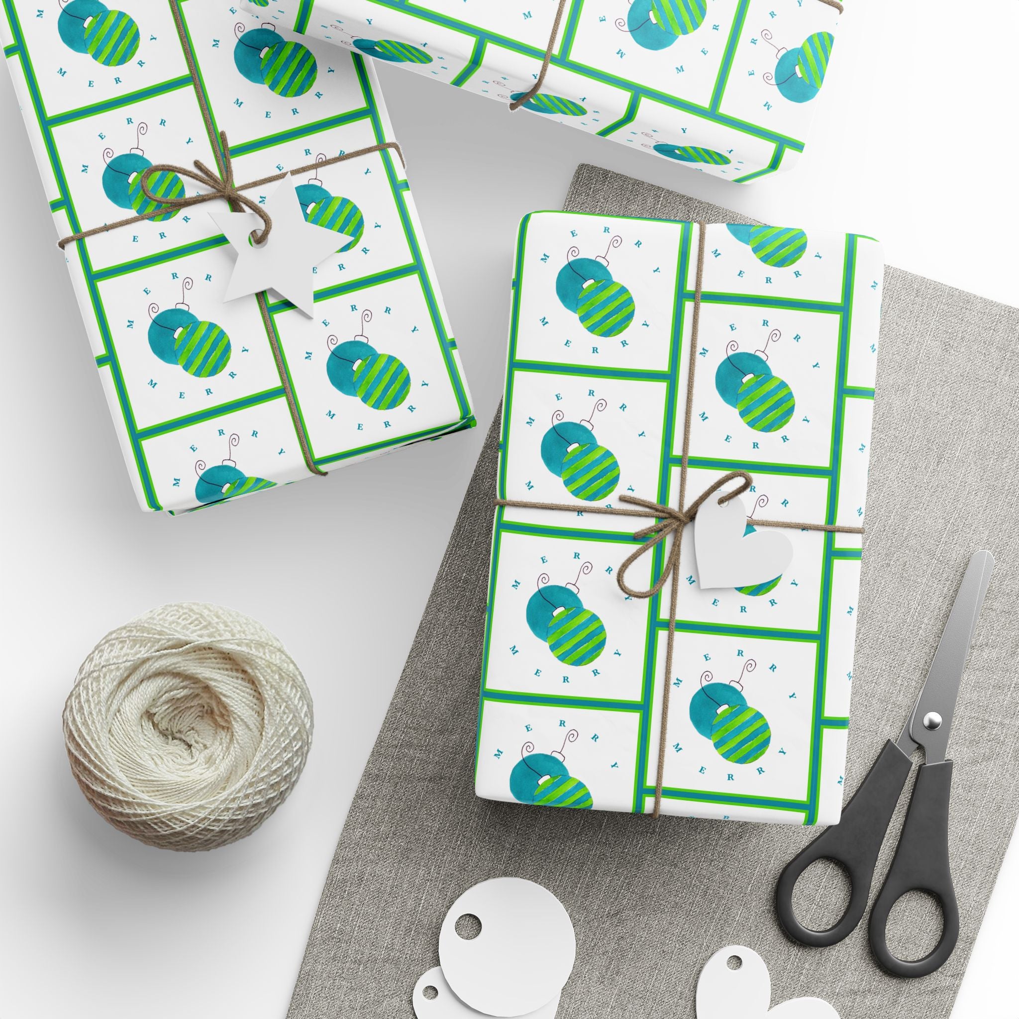 Merry Merry Lime and Teal Ornament Wrapping Paper | Watercolor Christmas Gift Wrap – gifts wrapped in teal and lime ornament wrapping paper with twine, gift tags and scissors