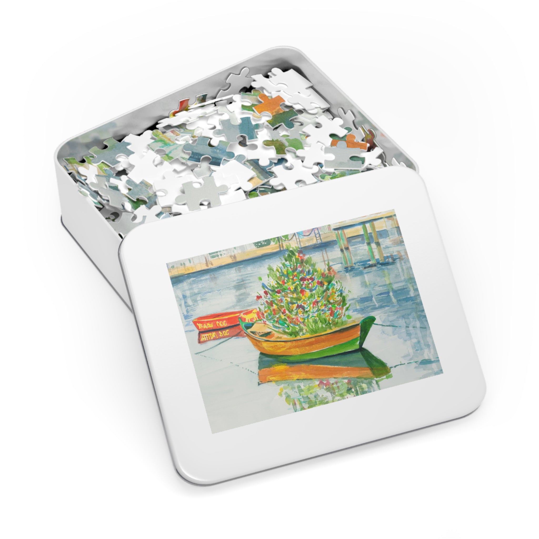 Christmas on Nantucket Jigsaw Puzzle by Laura Trevey, white metal puzzle gift tin with watercolor lid