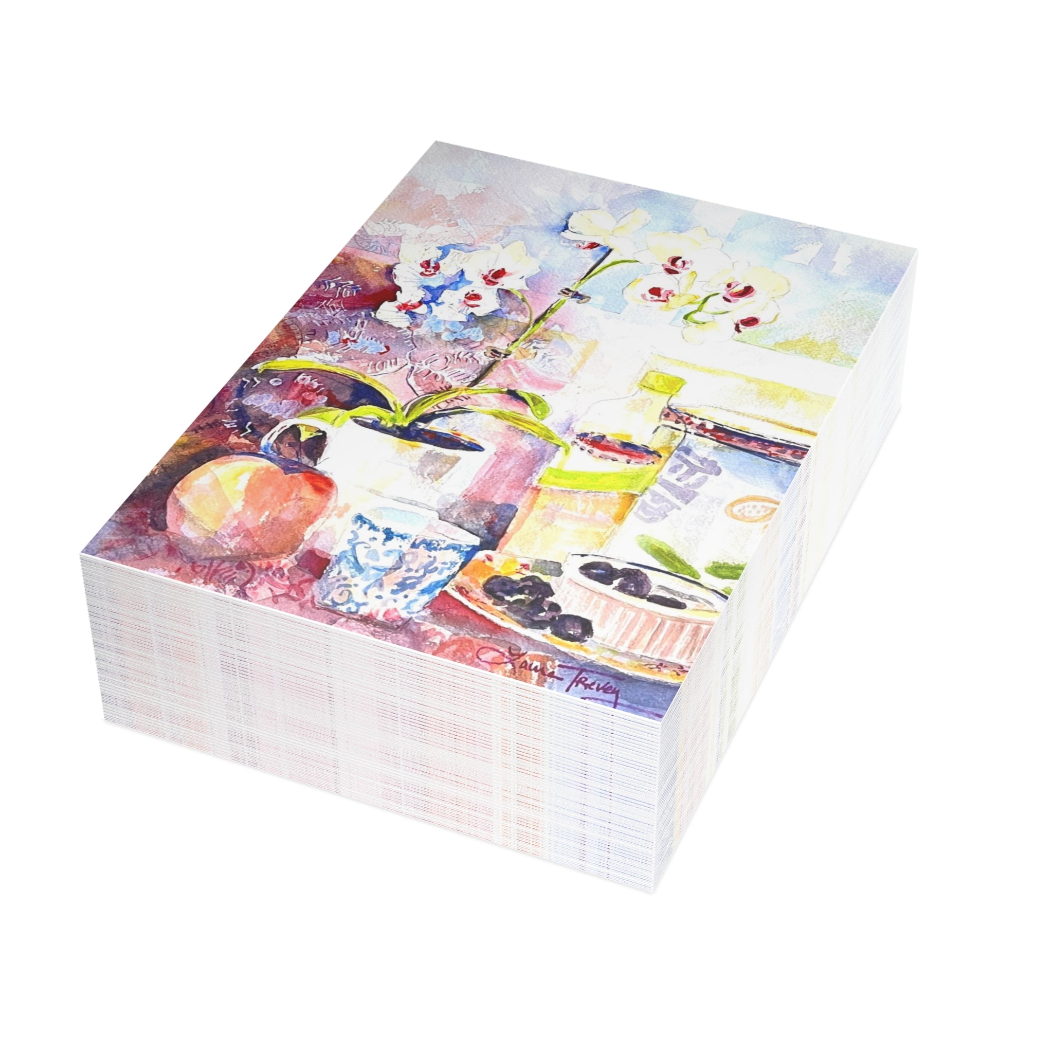 Orchid in a Tea Cup watercolor greeting card, stack of folded cards, view 2