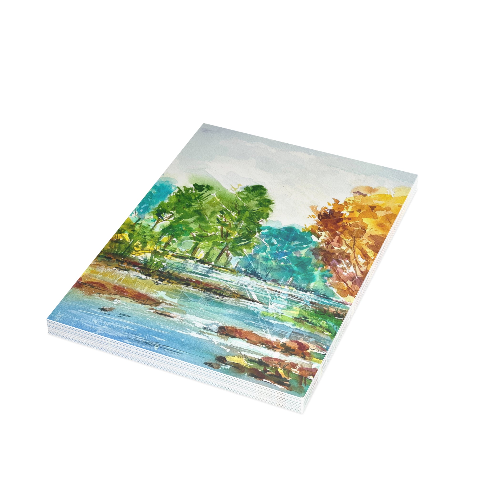 A River Runs Through It watercolor greeting card, stack of folded cards, view 1