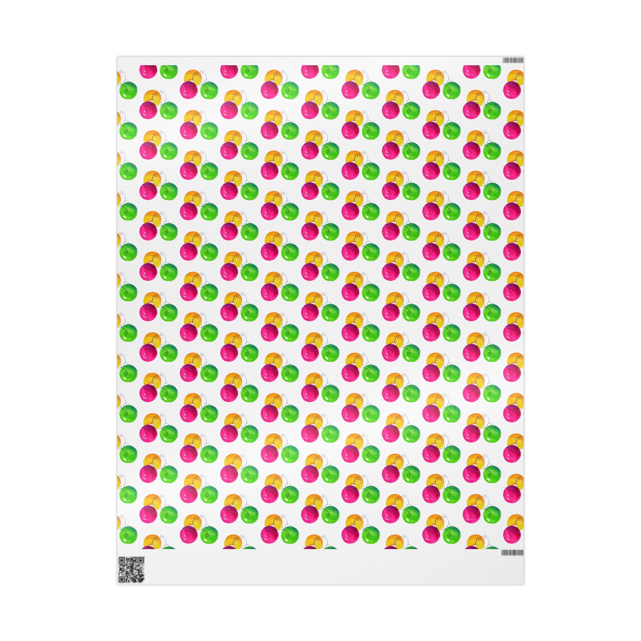 Watercolor Christmas Ornament Wrapping Paper | Pink & Lime Holiday Gift Wrap Roll – 30x36 sheet showing the full pink, lime and gold ornament pattern