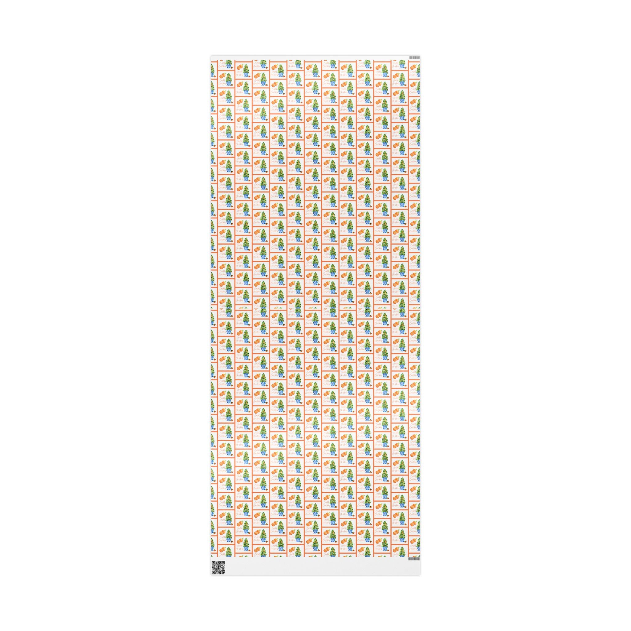 Citrus orange tree wrapping paper with watercolor orange trees in blue and white chinoiserie pots and Coastal Christmas script by Laura Trevey, 30x72 sheet showing the full pattern