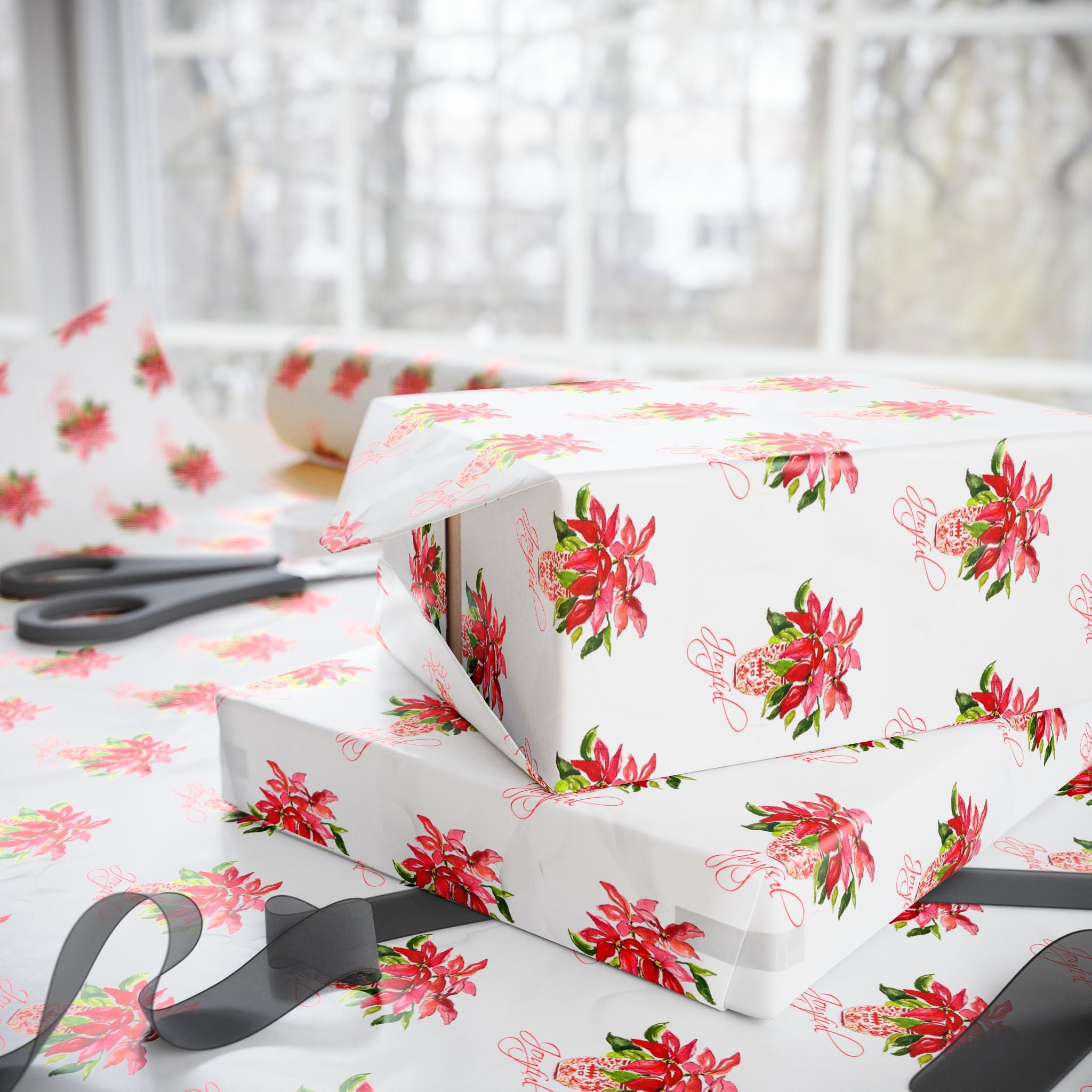 Poinsettia wrapping paper with red watercolor poinsettias on white by Laura Trevey, gift wrap in a holiday wrapping scene