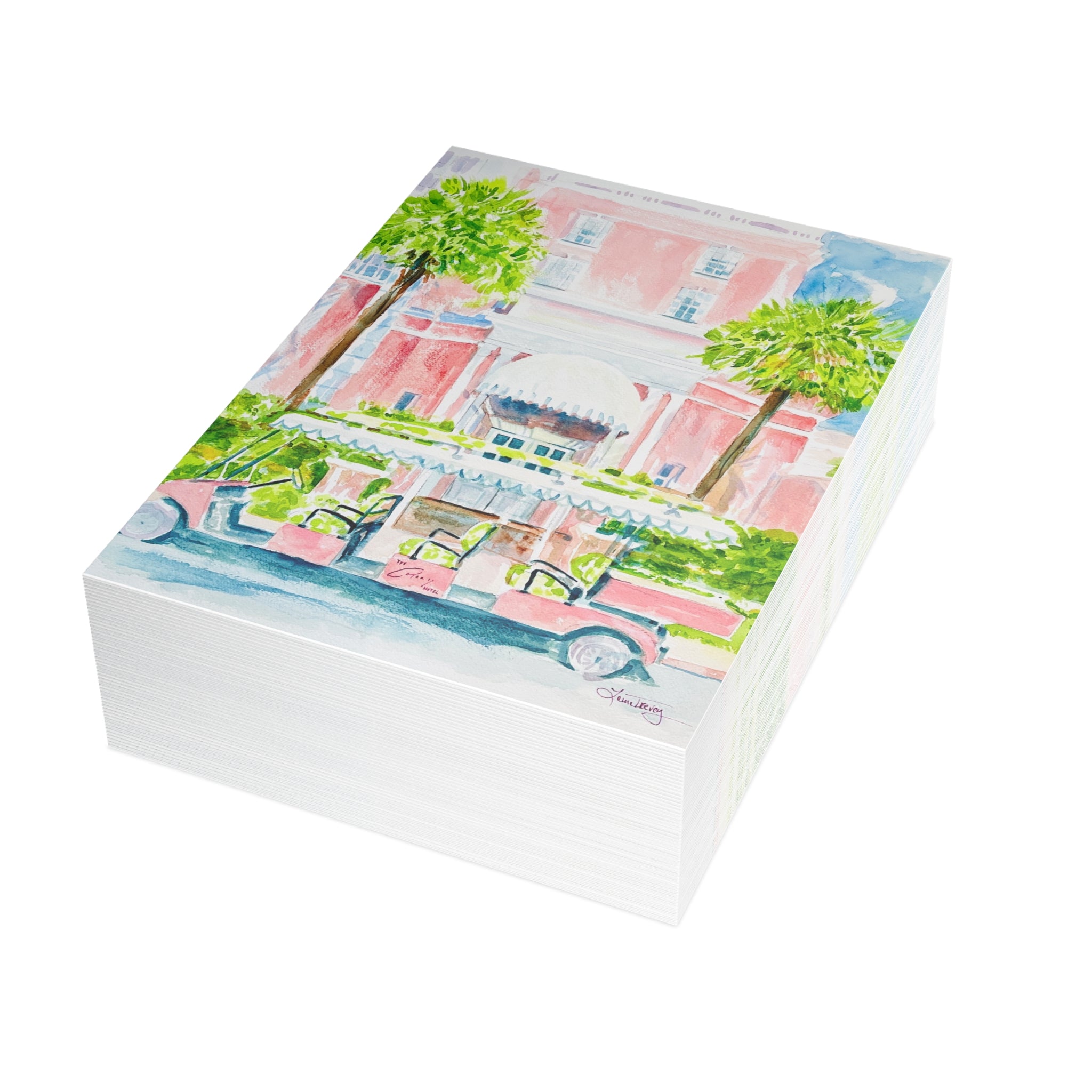 The Colony Hotel watercolor greeting card, stack of folded cards, view 3