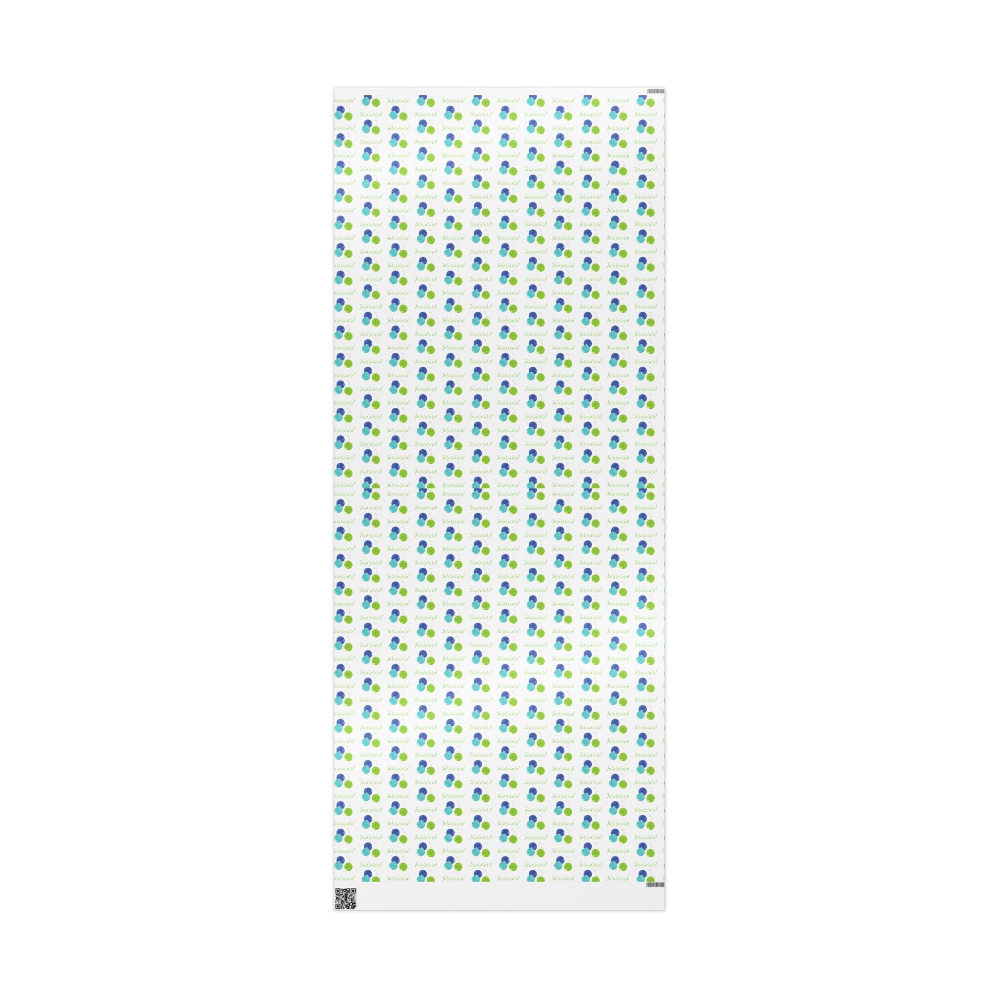 Fa La La La La! Wrapping Paper | Blue & Lime Watercolor Christmas Gift Wrap – 30x72 sheet showing the full blue and lime ornament pattern with Fa la la la la lettering