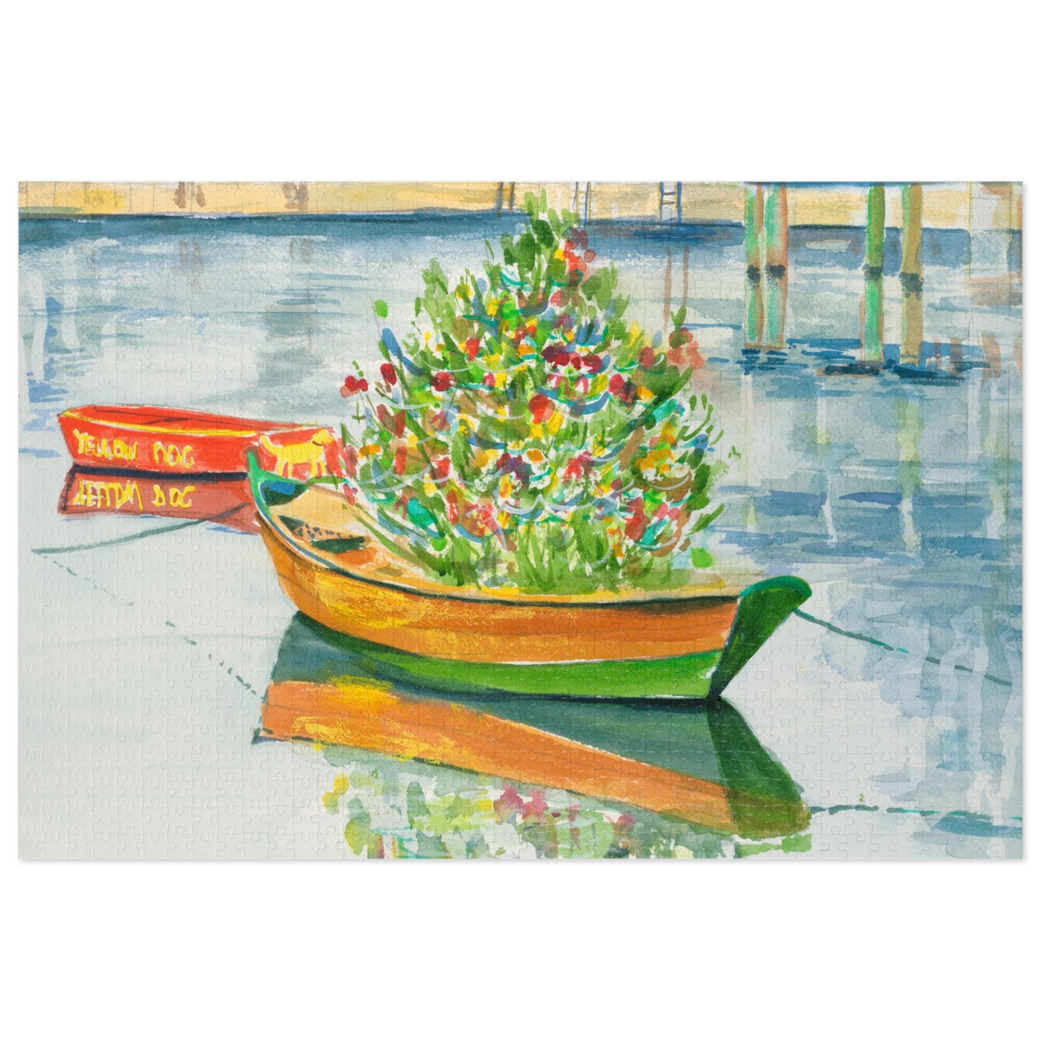 Christmas on Nantucket Jigsaw Puzzle by Laura Trevey, 1000 piece watercolor jigsaw puzzle (30" x 20") with gift tin