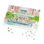 The Colony Hotel Jigsaw Puzzle by Laura Trevey, watercolor jigsaw puzzle pieces coming together