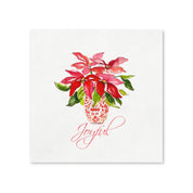 Joyful poinsettia paper napkin flat lay with Joyful in red script, watercolor holiday design by Laura Trevey