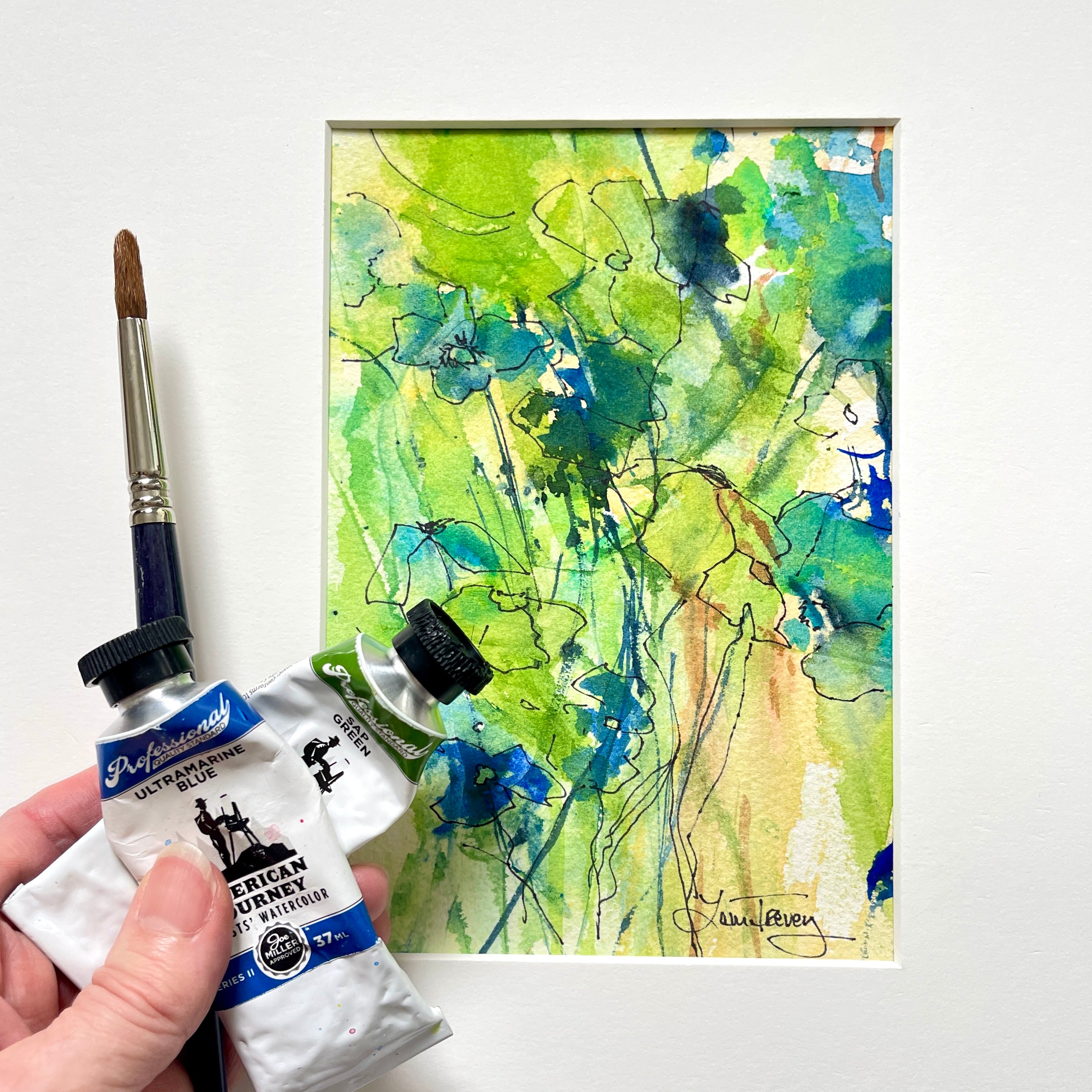 11x14 Green Abstract Floral Original Watercolor & Ink Painting with Mat by Laura Trevey (view 2)