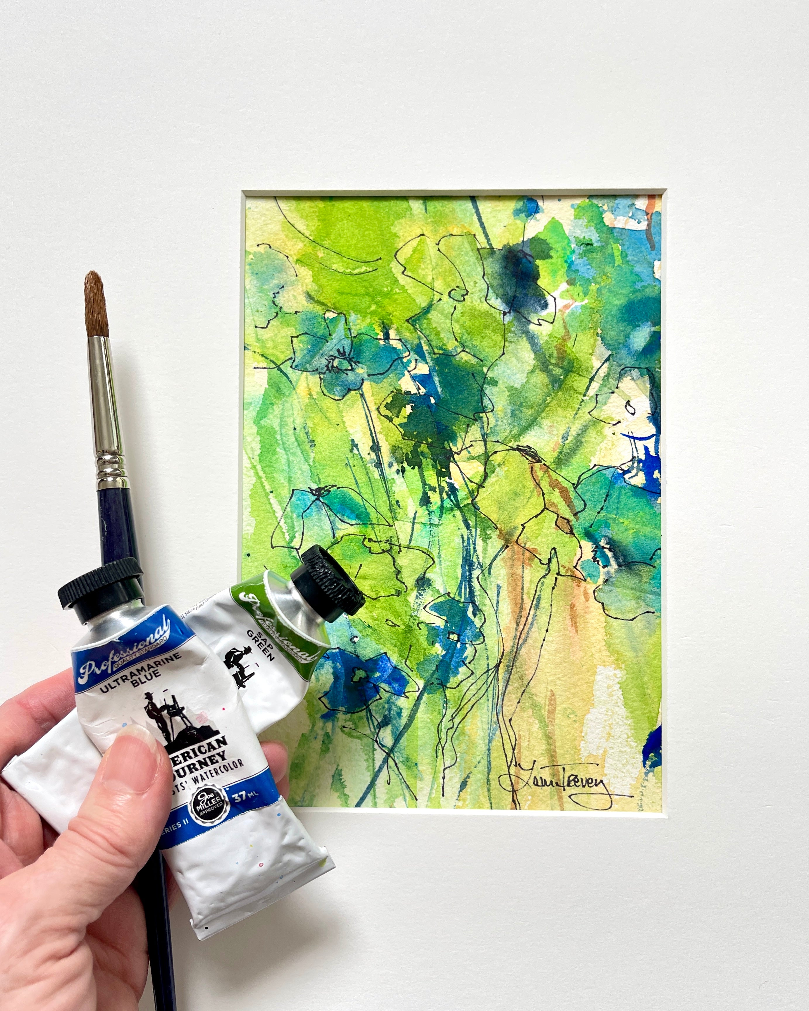 11x14 Green Abstract Floral Original Watercolor & Ink Painting with Mat by Laura Trevey (view 2)