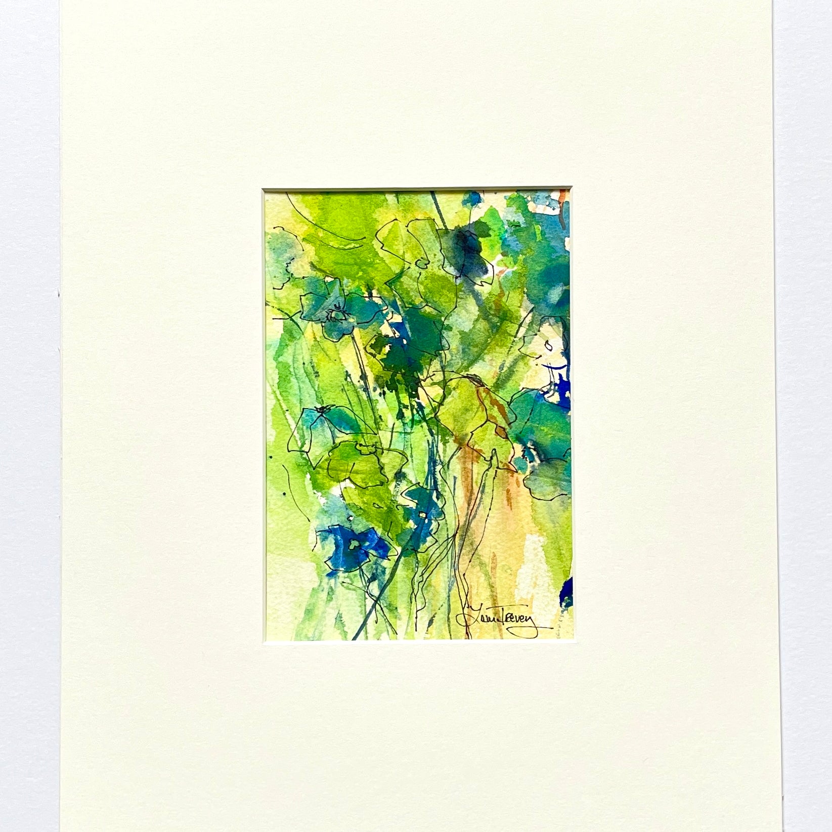 11x14 Green Abstract Floral Original Watercolor & Ink Painting with Mat by Laura Trevey