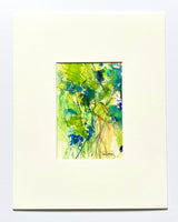 11x14 Green Abstract Floral Original Watercolor & Ink Painting with Mat