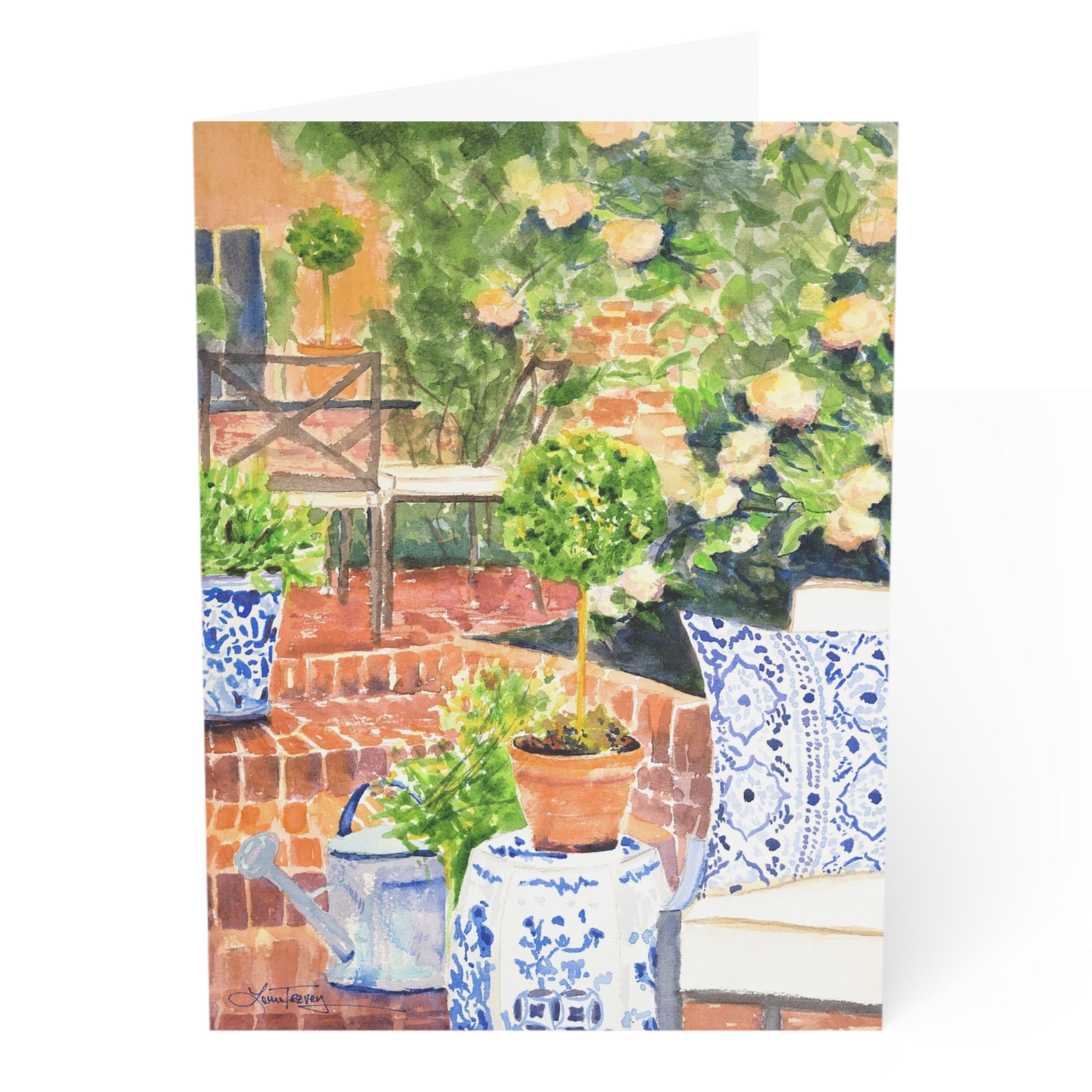 Backyard Oasis Greeting Card, hydrangea garden patio watercolor folded card by Laura Trevey, blank inside