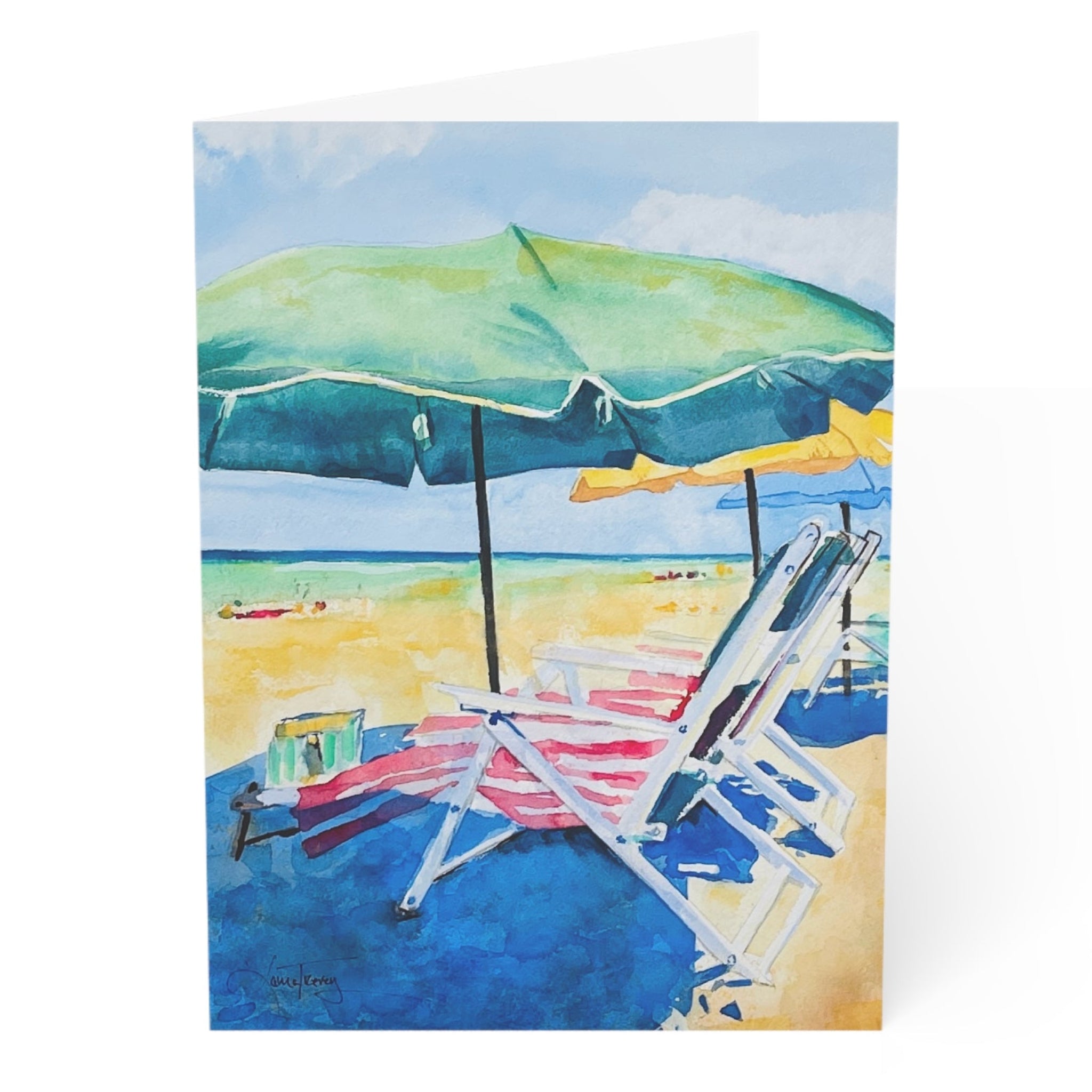 Beach Days Greeting Card, coastal beach umbrella watercolor folded card by Laura Trevey, blank inside