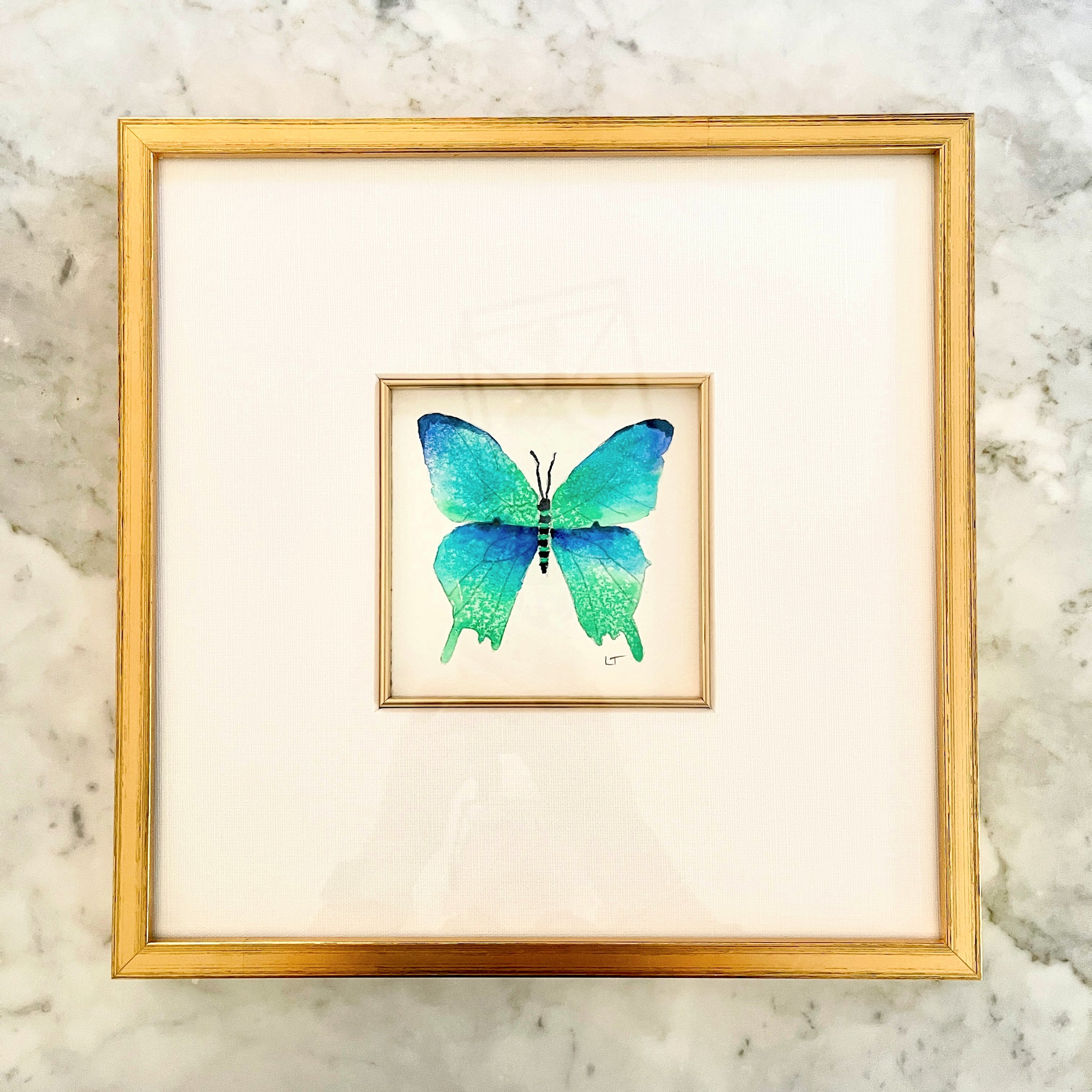 Framed Blue Green Butterfly V Watercolor
