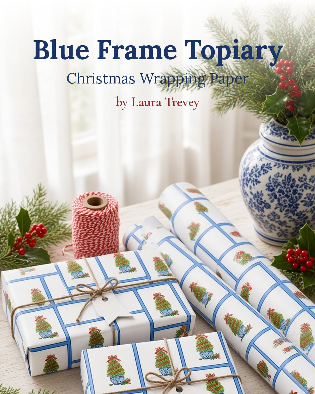Blue Frame Topiary Christmas Wrapping Paper wrapped gifts and rolls by Laura Trevey