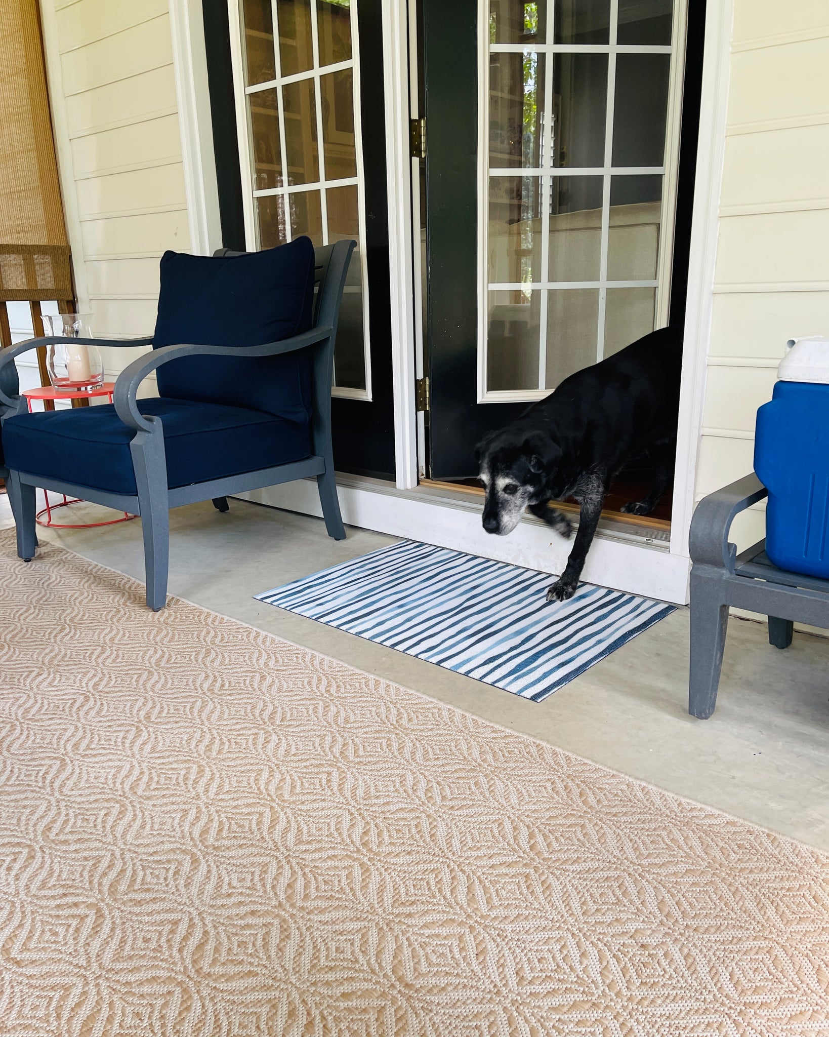 Blue and White Watercolor Stripe Welcome Mat