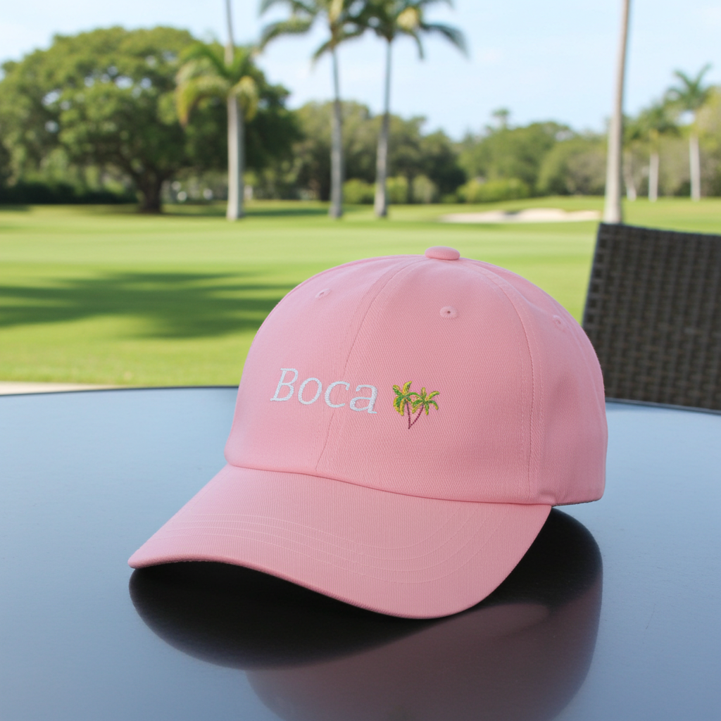 Pink cap with 'Boca' and Palm tree logo on a table with a golf course background