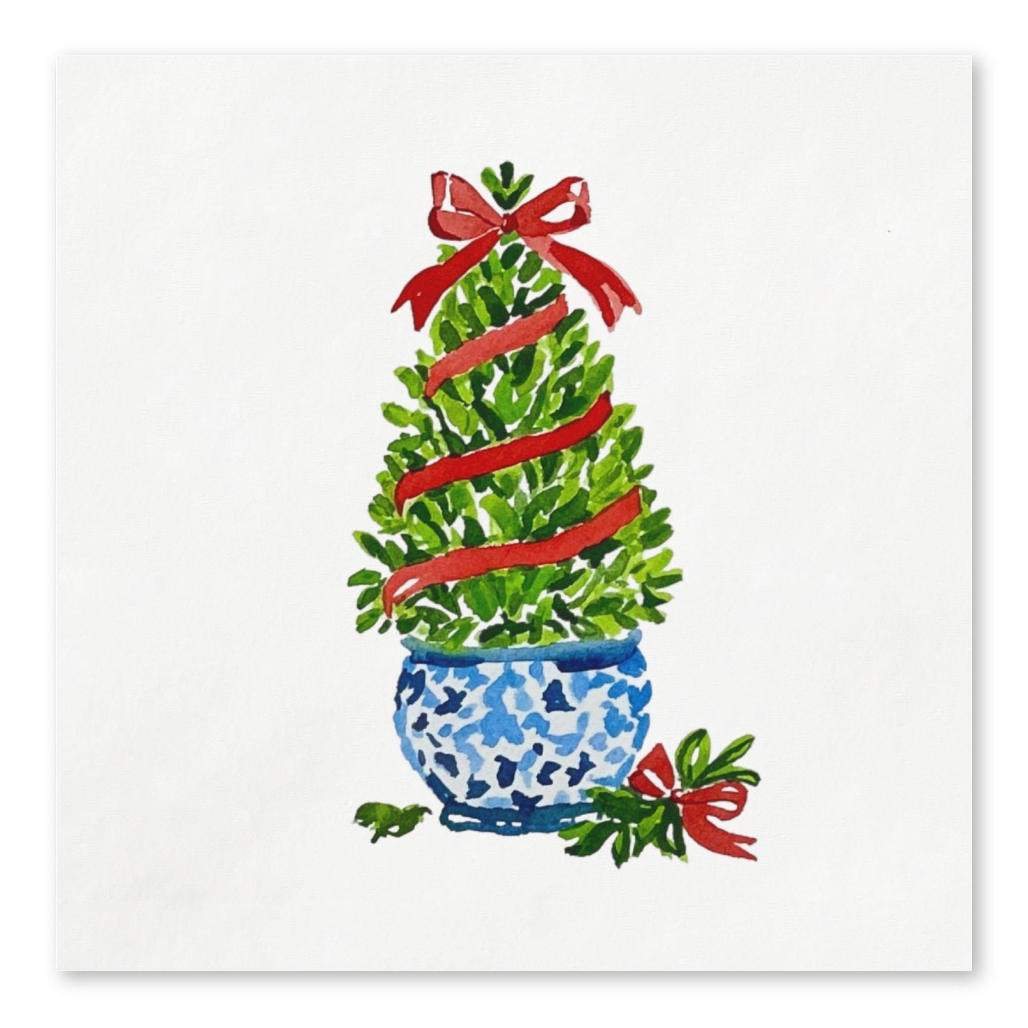 Boxwood topiary Christmas cocktail napkins, watercolor by Laura Trevey, blue and white chinoiserie pot