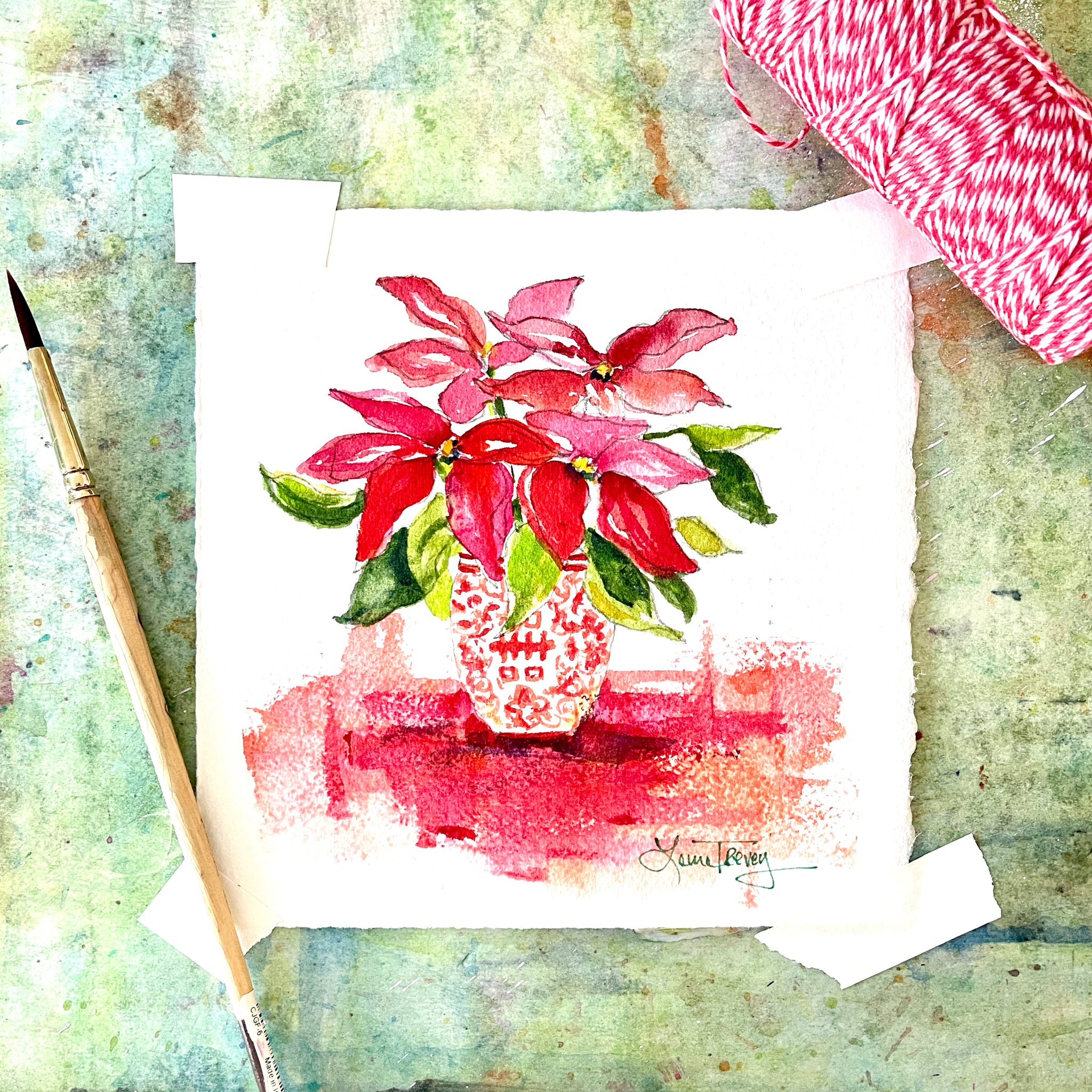 Poinsettia in Double Happiness Ginger Jar Watercolor 6x6