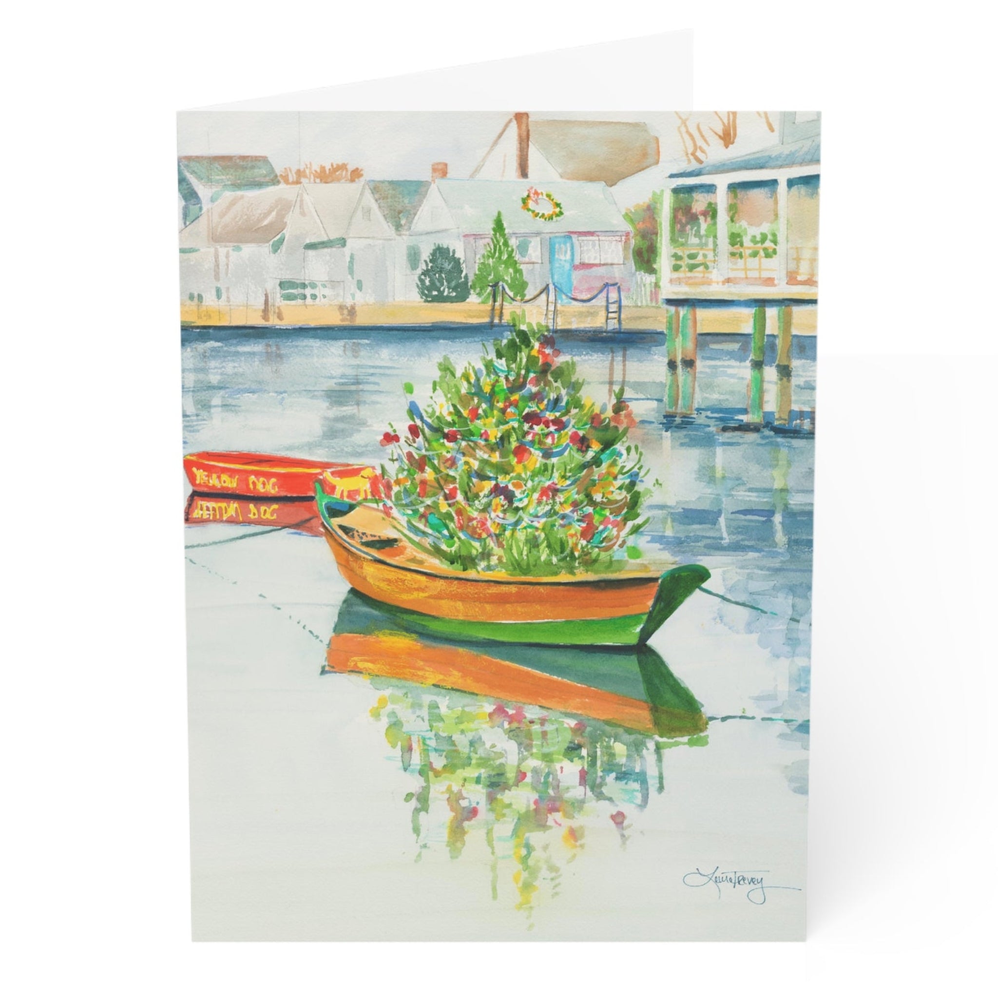 Christmas on Nantucket Greeting Card, watercolor holiday folded card by Laura Trevey, blank inside with envelope