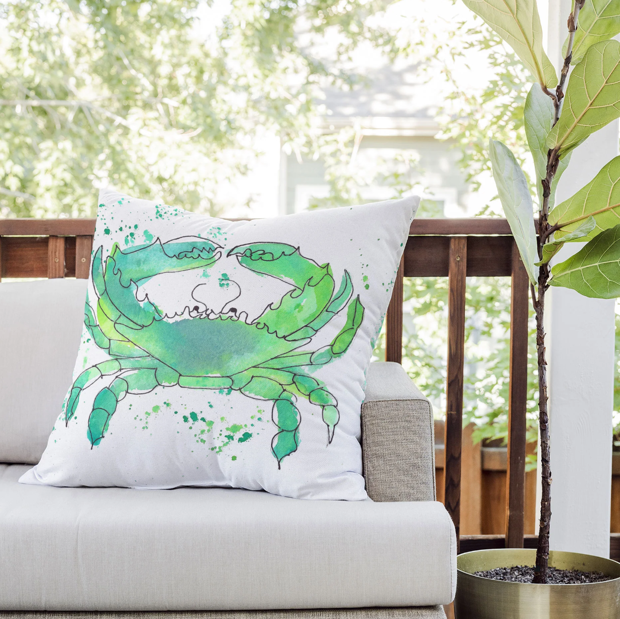 Seafoam Green Crab Outdoor Throw Pillow