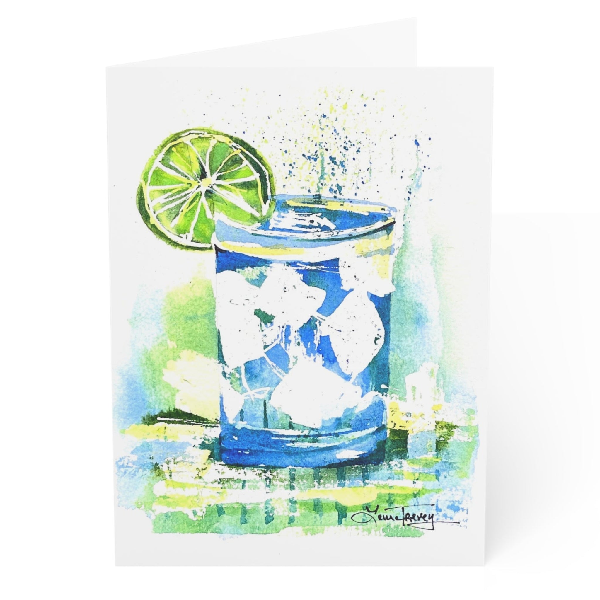 Cocktail Watercolor Birthday Card, lime cocktail folded card by Laura Trevey with Happy Birthday inside
