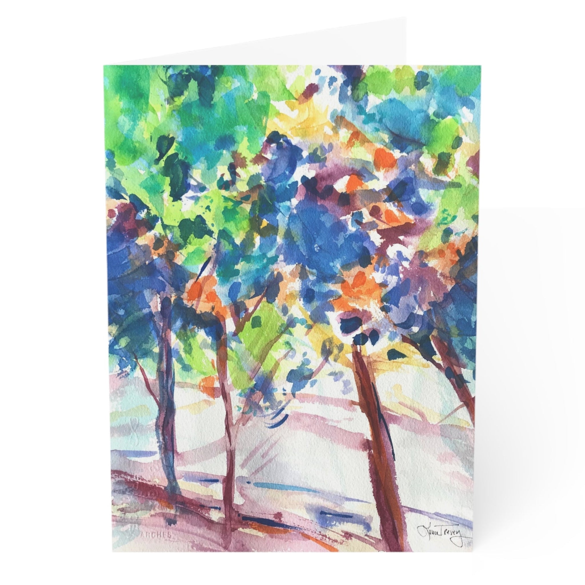 Fall Colorful Leaves Greeting Card, autumn trees watercolor folded card by Laura Trevey