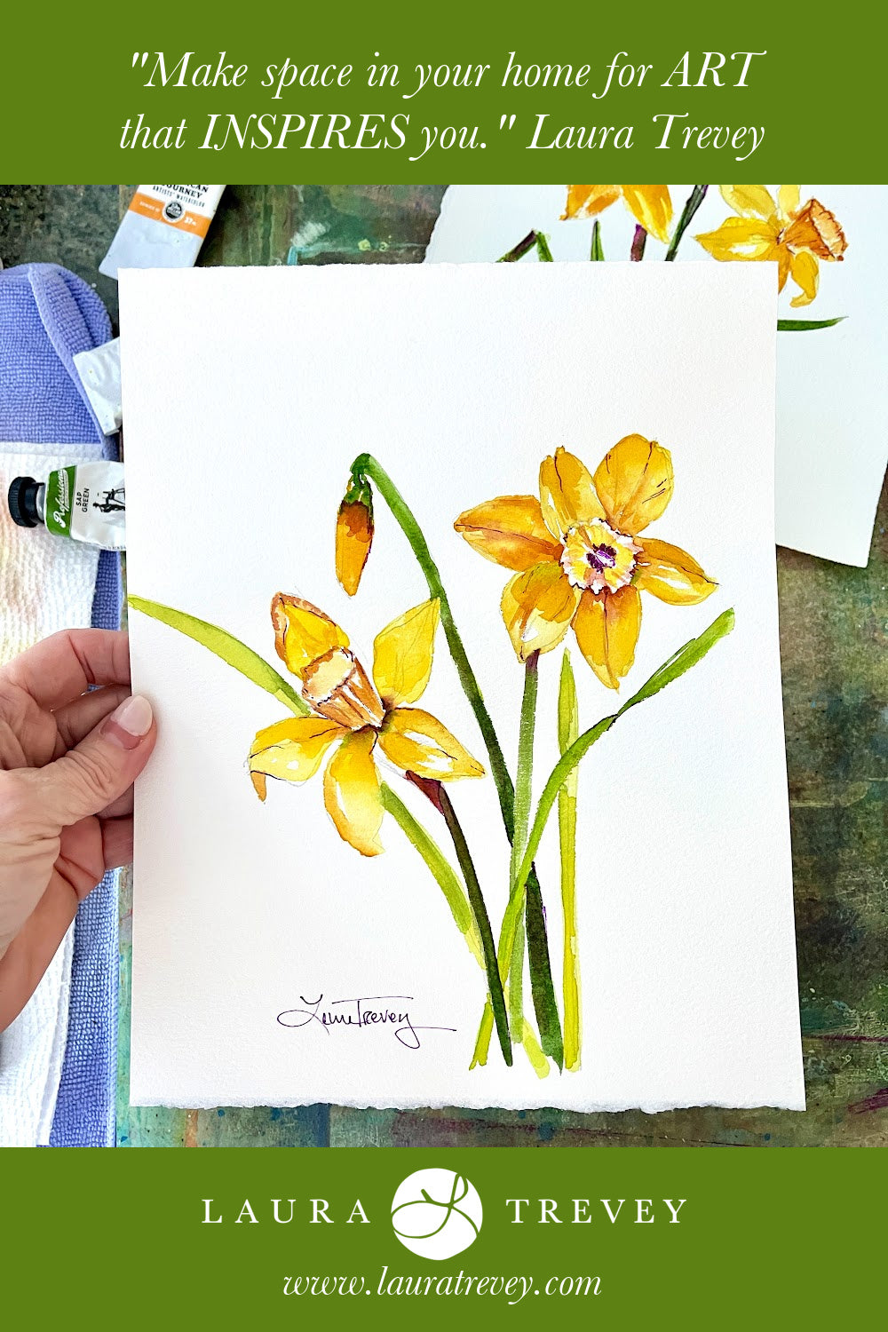 8x10 Spring Daffodils Botanical Watercolor Original Painting by Laura Trevey (view 5)