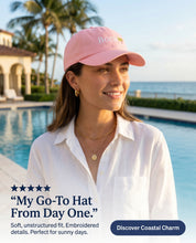 Woman wearing a pink cap with text overlay by a poolside.