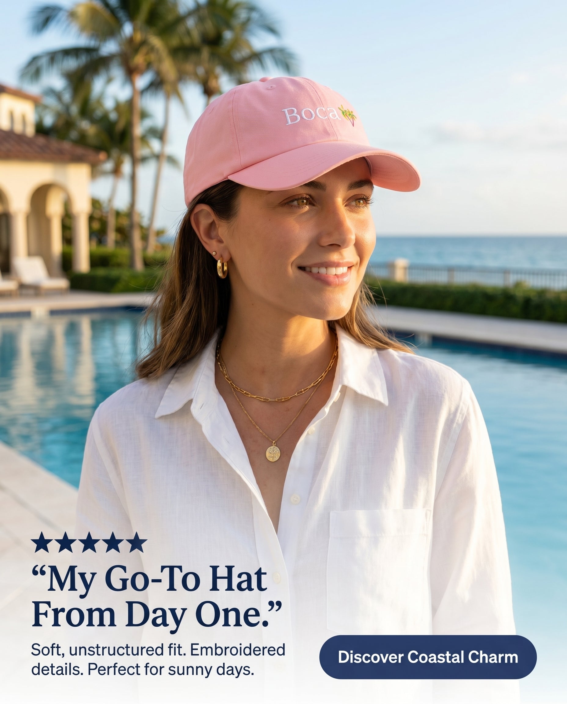 Woman wearing a pink cap with text overlay by a poolside.