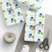 Fa La La La La! Wrapping Paper | Blue & Lime Watercolor Christmas Gift Wrap – gifts wrapped in blue, turquoise and lime watercolor ornament paper with twine, gift tags and scissors