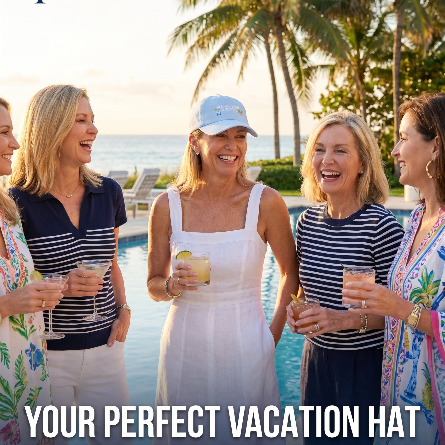 Beaches, Booze & Besties Coastal Baseball Cap by Laura Trevey, embroidered hat (view 2)