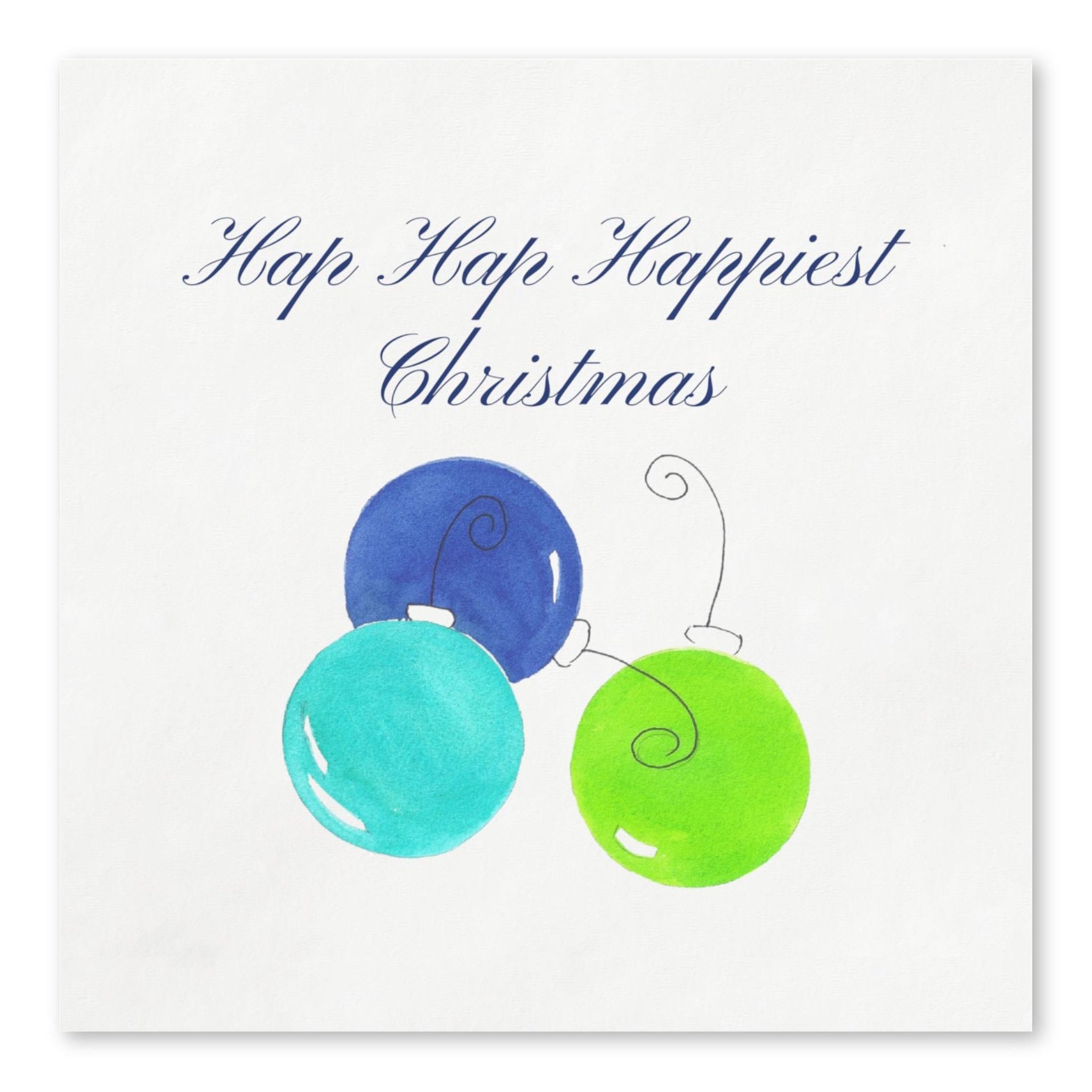 Hap Hap Happiest Christmas blue watercolor cocktail napkins with ornaments by Laura Trevey