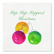 Hap Hap Happiest Christmas watercolor cocktail napkins with ornaments by Laura Trevey