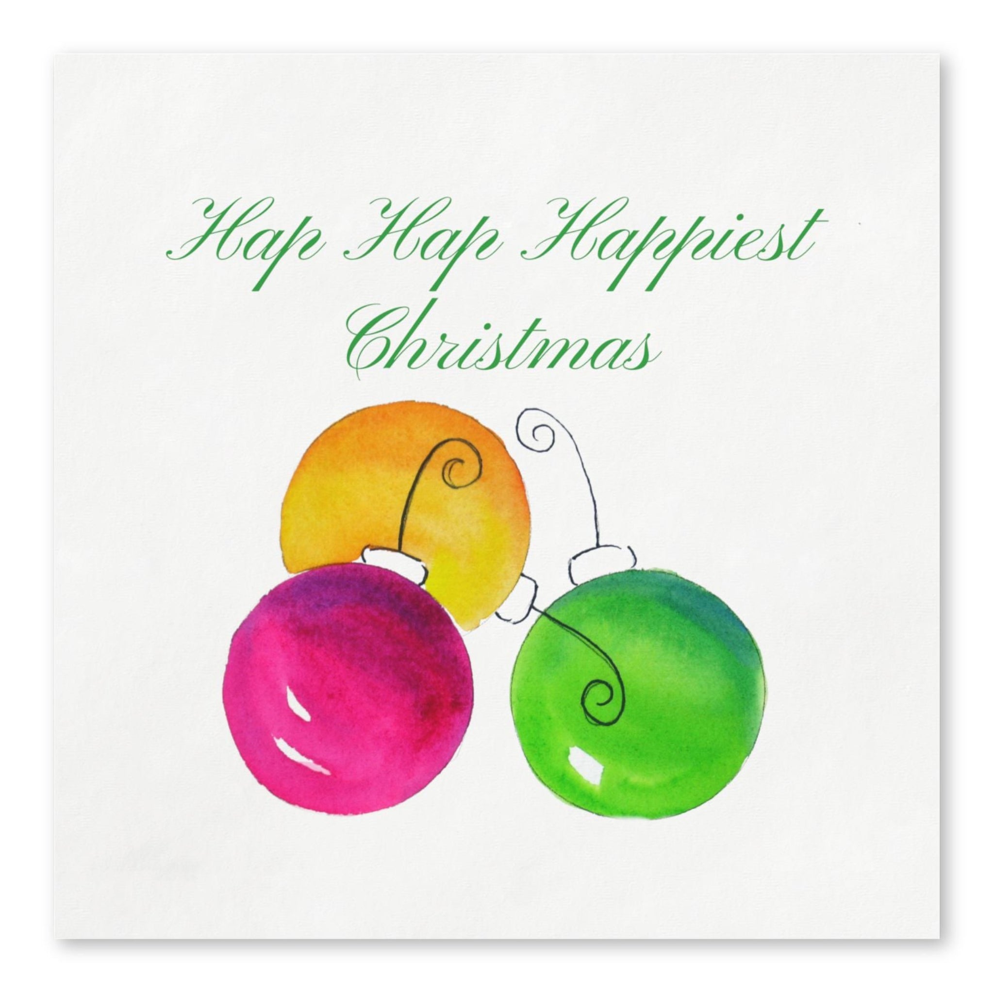 Hap Hap Happiest Christmas watercolor cocktail napkins with ornaments by Laura Trevey