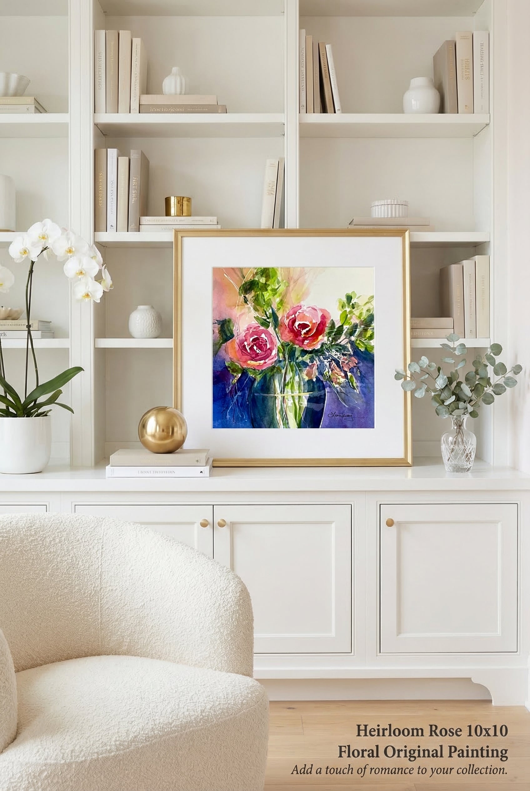 10x10 Heirloom Rose Floral Original Watercolor Painting by Laura Trevey (view 2)