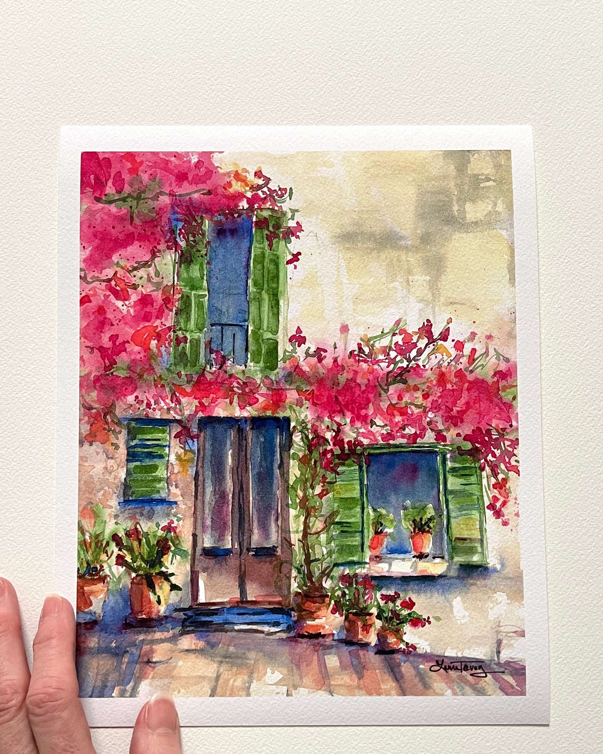 Pink Bougainvillea Valldemossa, Mallorca Watercolor Giclee Print by Laura Trevey (view 4)