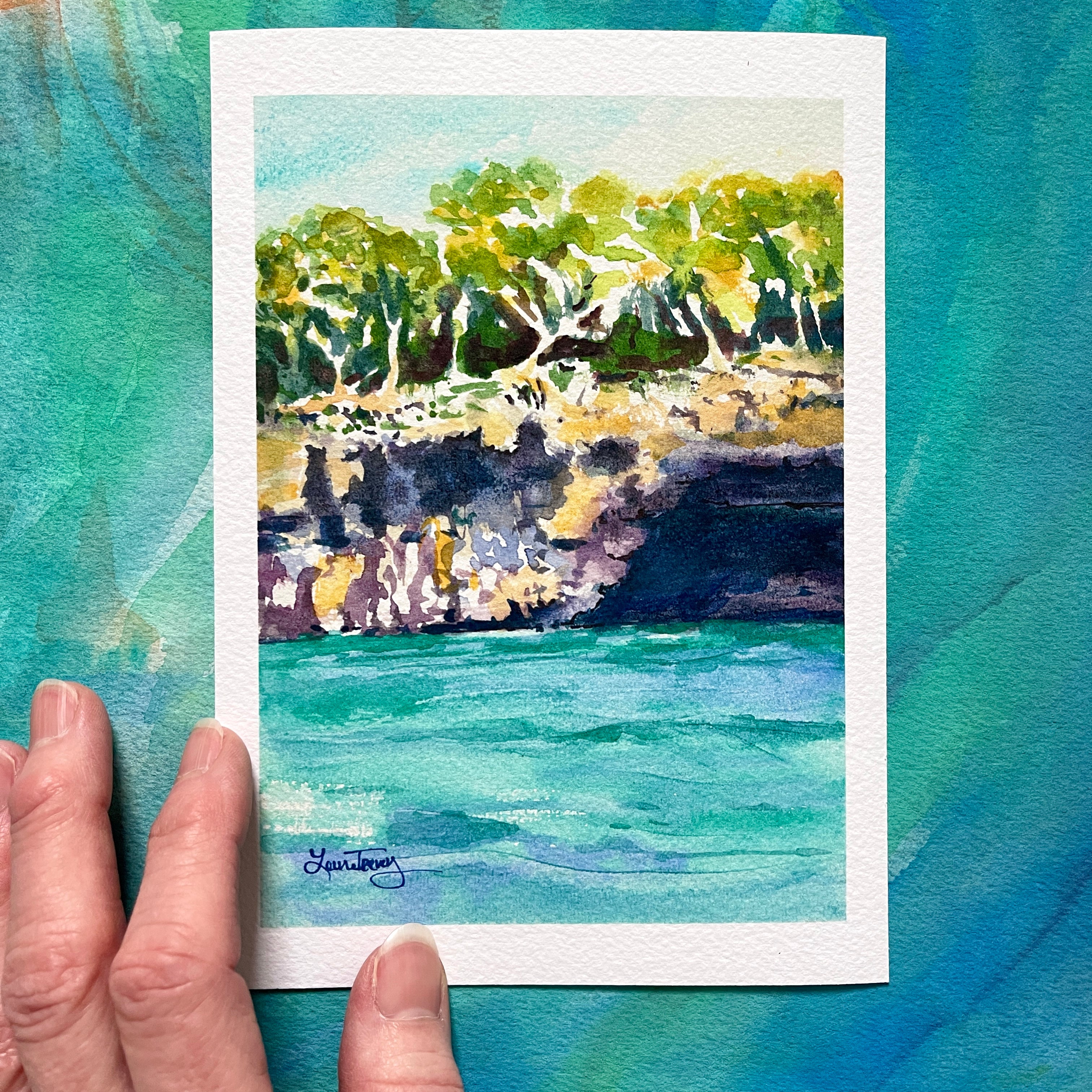 Palma Mallorca Cliffs & Sea - Vibrant Watercolor Giclée Print by Laura Trevey (view 2)