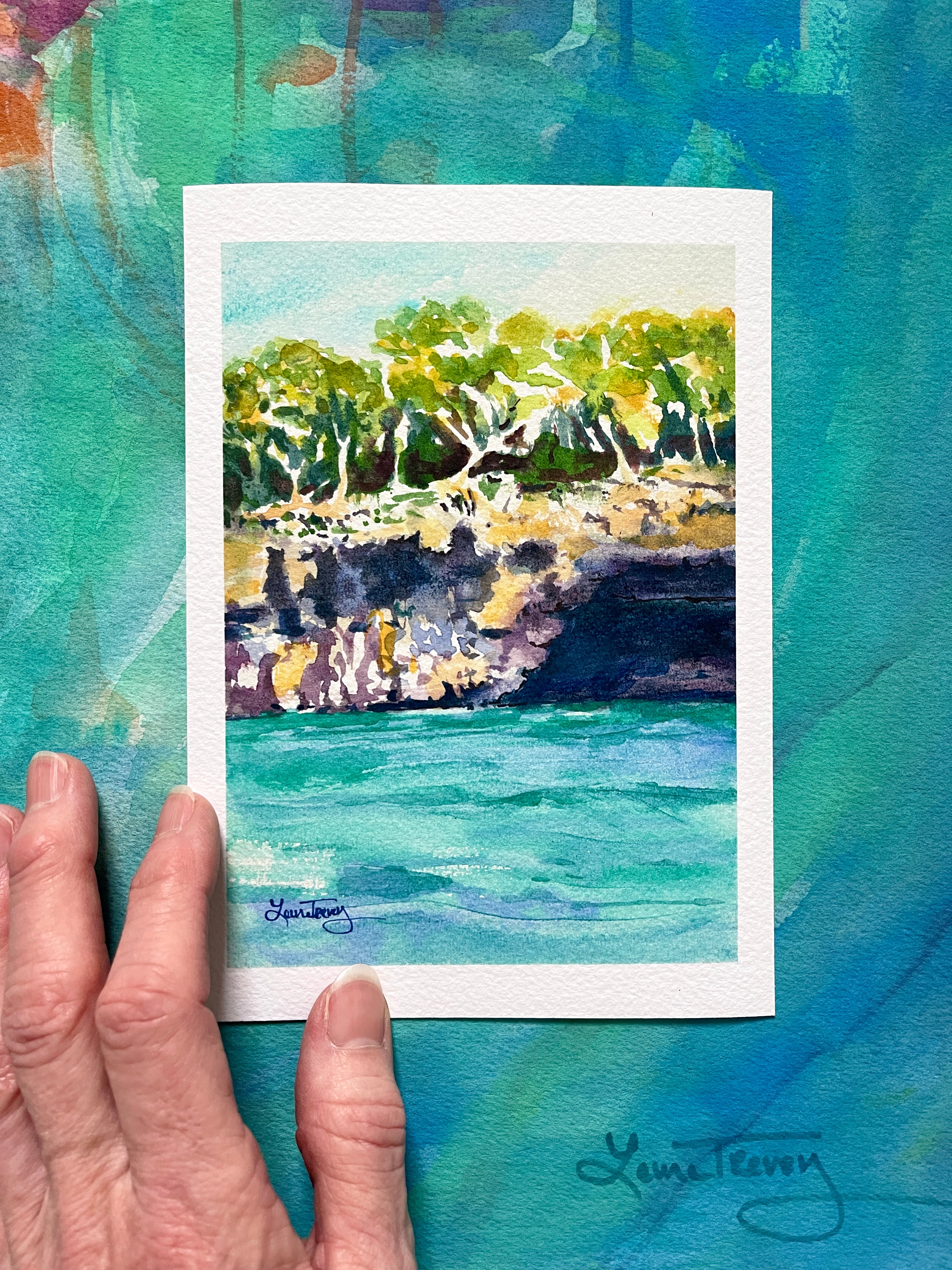 Palma Mallorca Cliffs & Sea - Vibrant Watercolor Giclée Print by Laura Trevey (view 2)