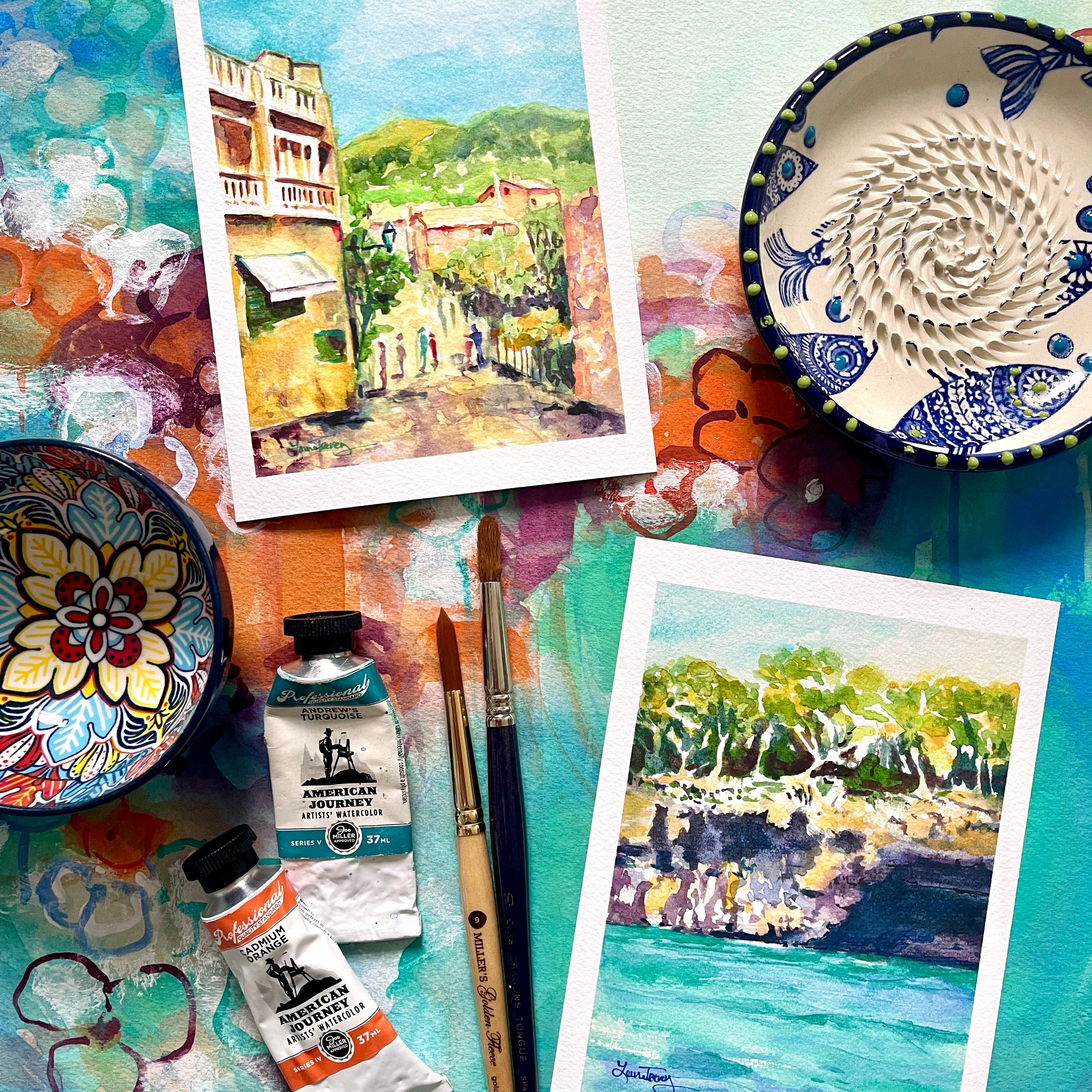 Palma Mallorca Cliffs & Sea - Vibrant Watercolor Giclée Print by Laura Trevey (view 3)