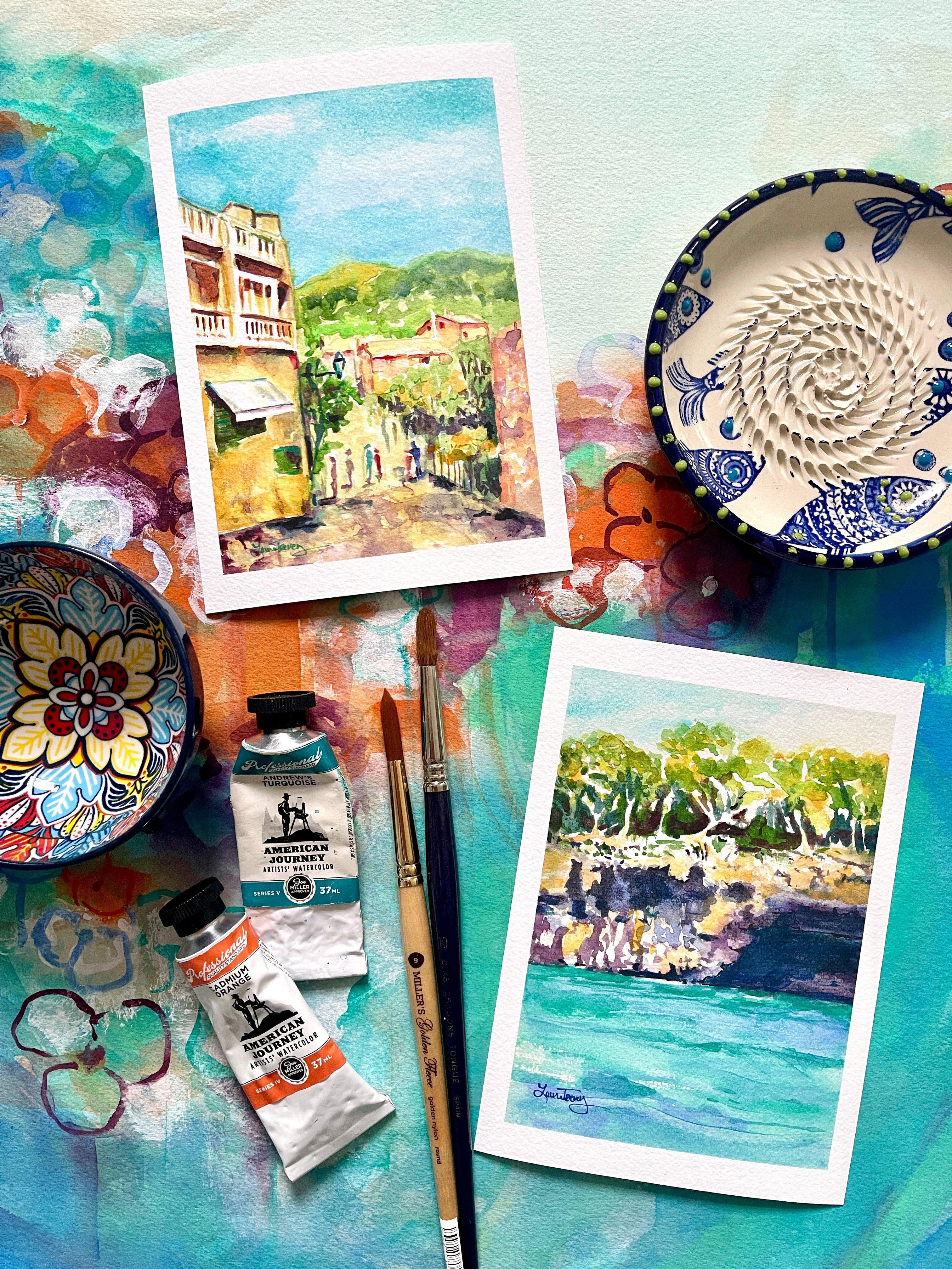 Palma Mallorca Cliffs & Sea - Vibrant Watercolor Giclée Print by Laura Trevey (view 3)