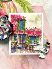 Pink Bougainvillea Valldemossa, Mallorca Watercolor Giclee Print by Laura Trevey