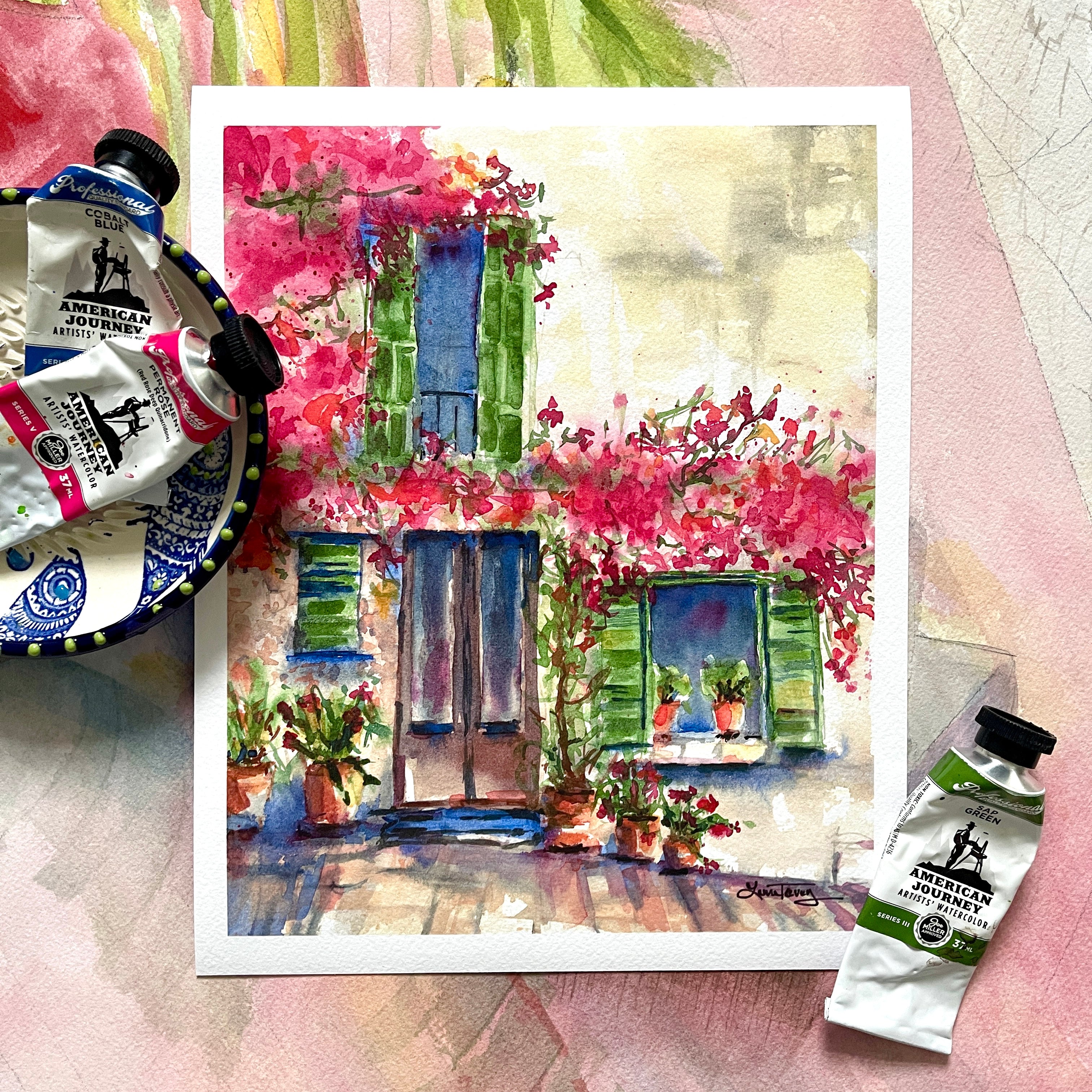 Pink Bougainvillea Valldemossa, Mallorca Watercolor Giclee Print by Laura Trevey