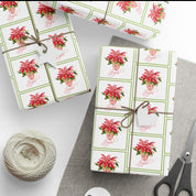 Joyful Red Poinsettia Wrapping Paper | Watercolor Christmas Gift Wrap – gifts wrapped in red and pink poinsettia wrapping paper with twine, gift tags and scissors