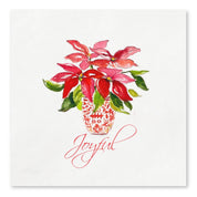 Joyful poinsettia Christmas cocktail napkins, watercolor by Laura Trevey, red and pink flowers in chinoiserie vase