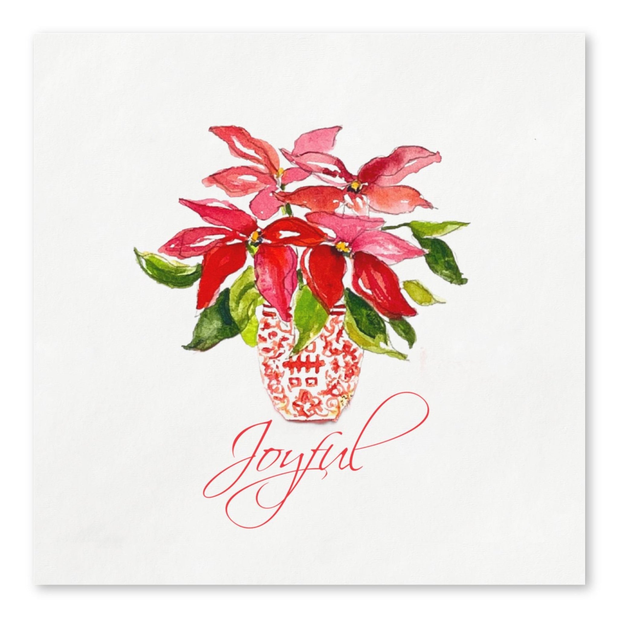 Joyful poinsettia Christmas cocktail napkins, watercolor by Laura Trevey, red and pink flowers in chinoiserie vase