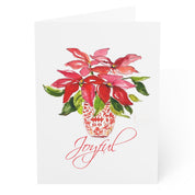 Joyful red poinsettia watercolor Christmas card, front, blank inside, by Laura Trevey