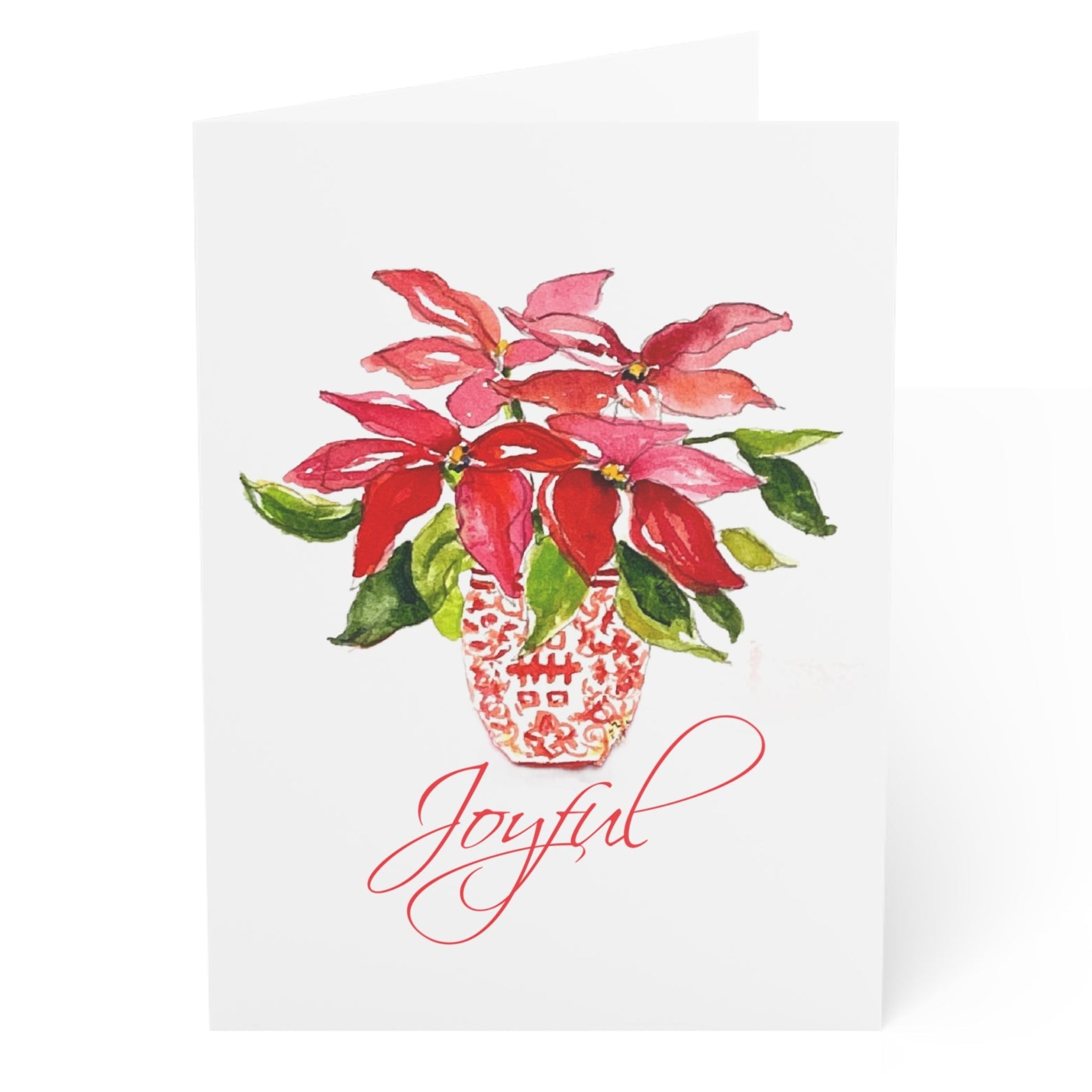 Joyful red poinsettia watercolor Christmas card, front, blank inside, by Laura Trevey