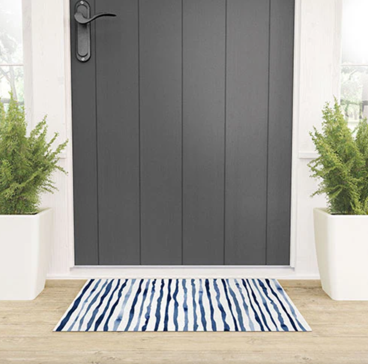 Blue and White Watercolor Stripe Welcome Mat